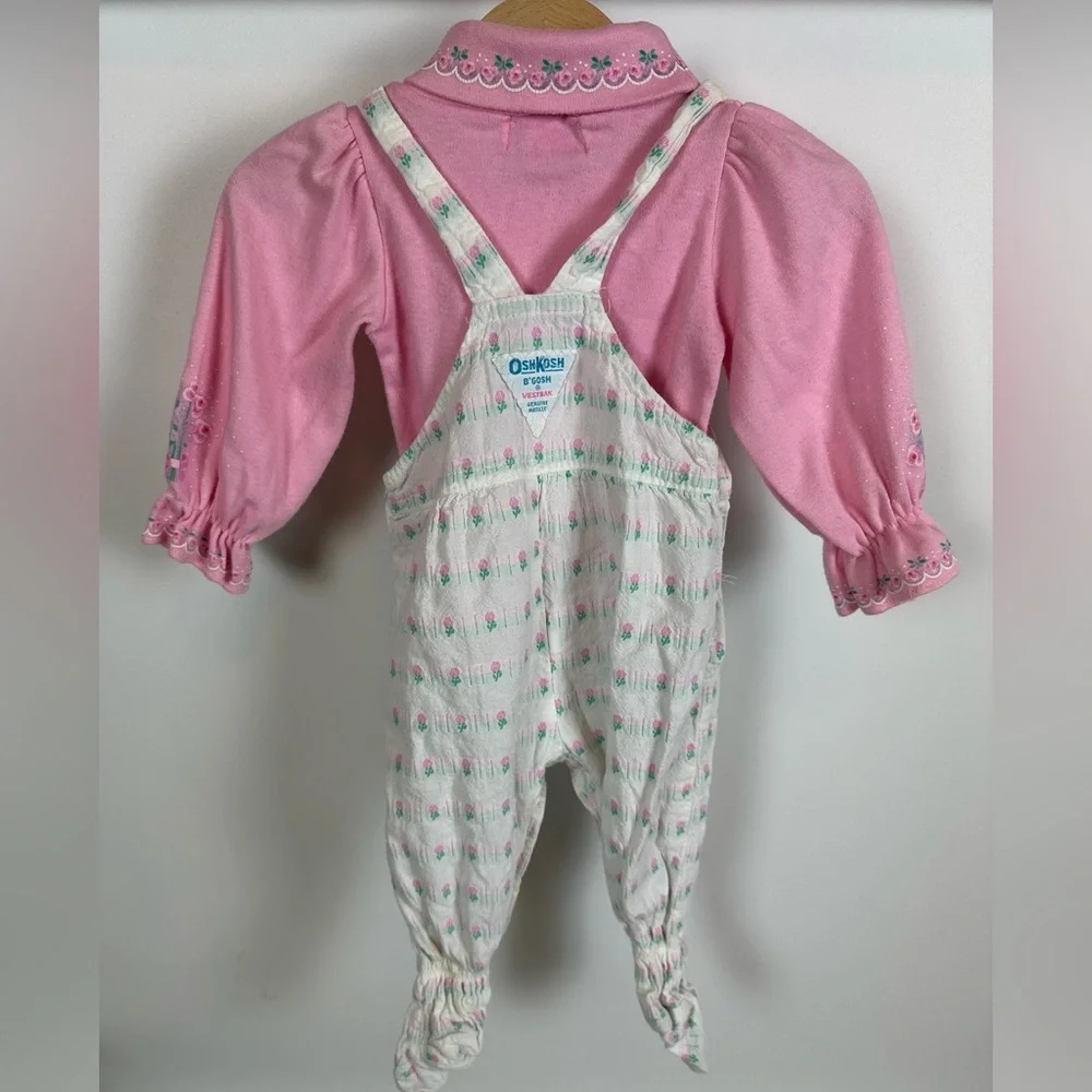 VTG Osh Kosh B'Gosh Pink White Roses Overalls Romper Turtleneck Set‎ 6/9M USA